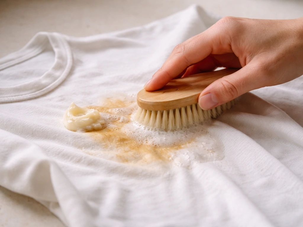 Application de savon de Marseille sur une tache humide, brossage très léger avec une brosse souple.