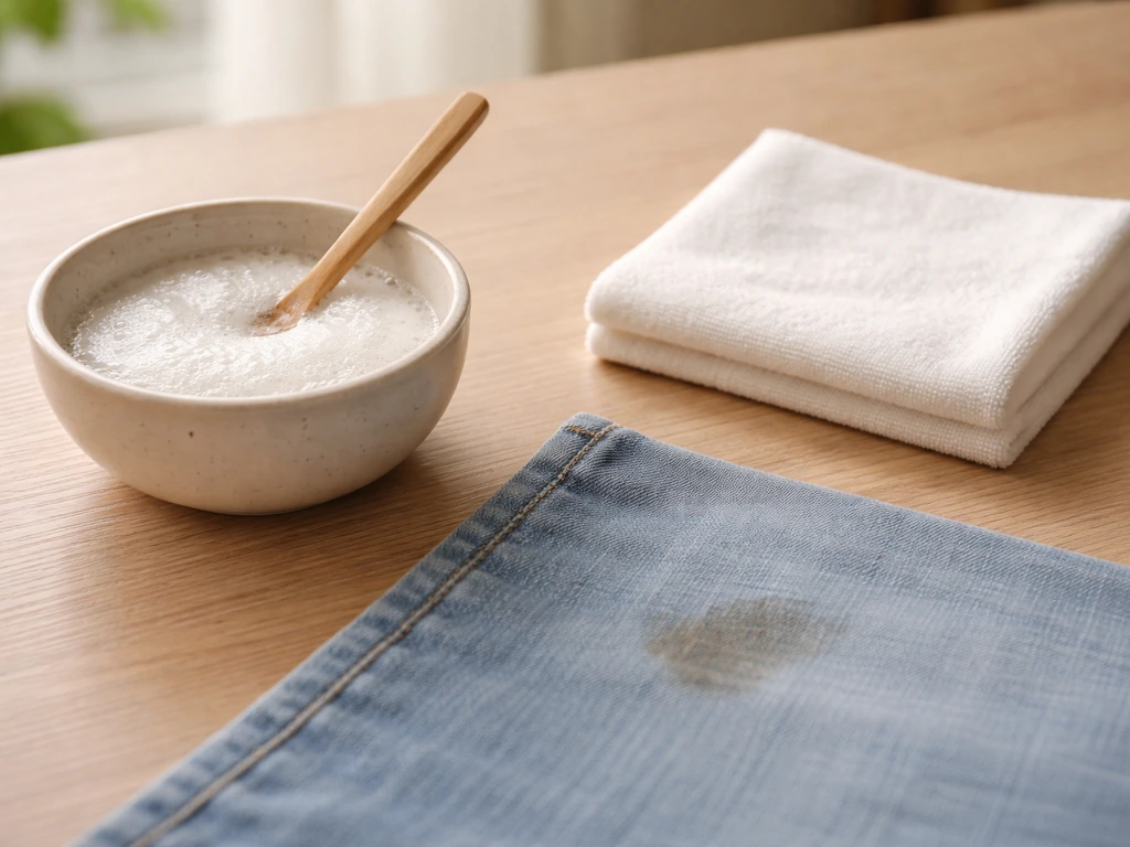 Petit bol de vinaigre blanc et bicarbonate avec tissu taché et éponge pour tamponner la tache.