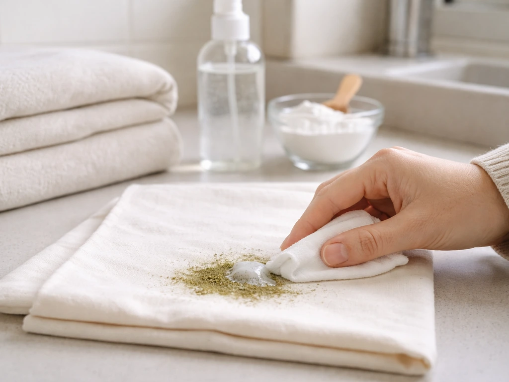 Linge taché d’herbe partiellement retouché, avec flacon de détachant et percarbonate en arrière-plan, ambiance buanderie