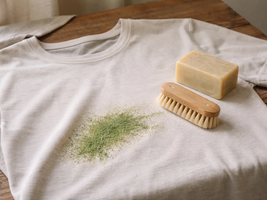 T-shirt taché d’herbe sur une table, savon de Marseille et brosse pour montrer le détachage immédiat.