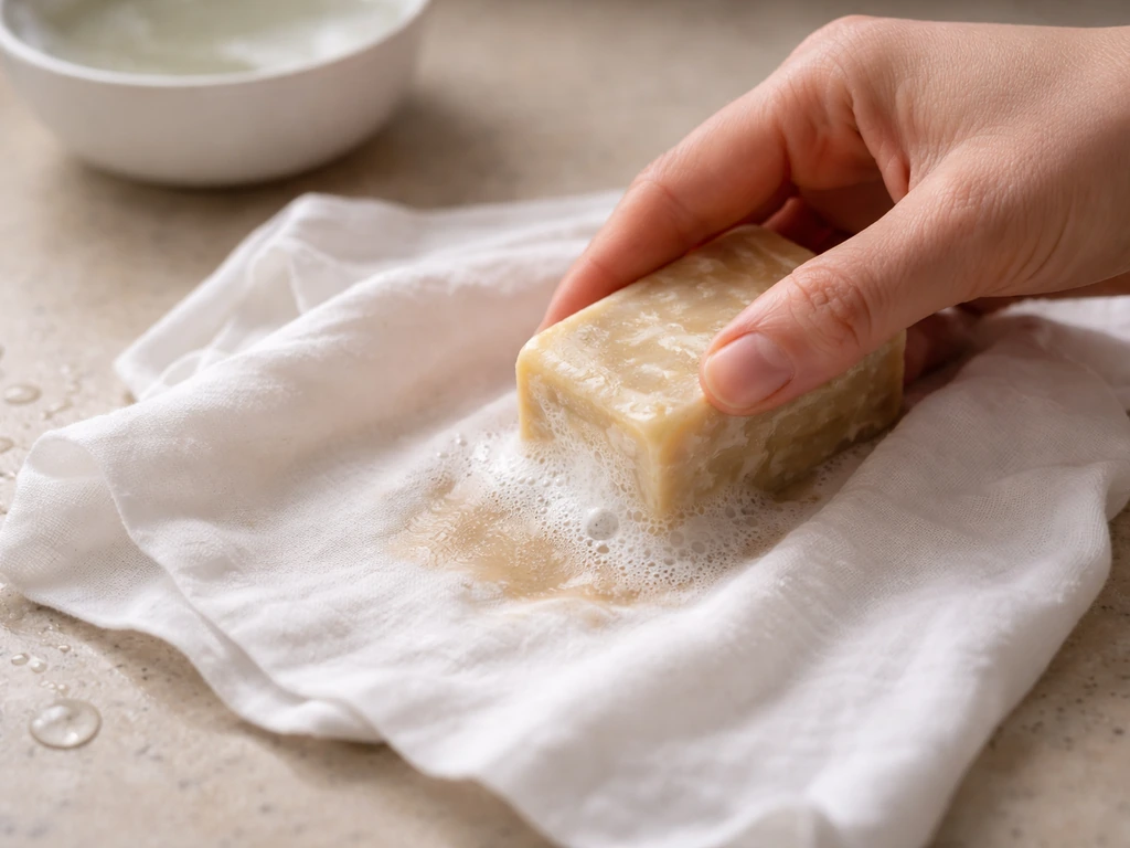 Main anonyme appliquant du savon de Marseille en mousse sur une tache humide d’un tissu blanc.