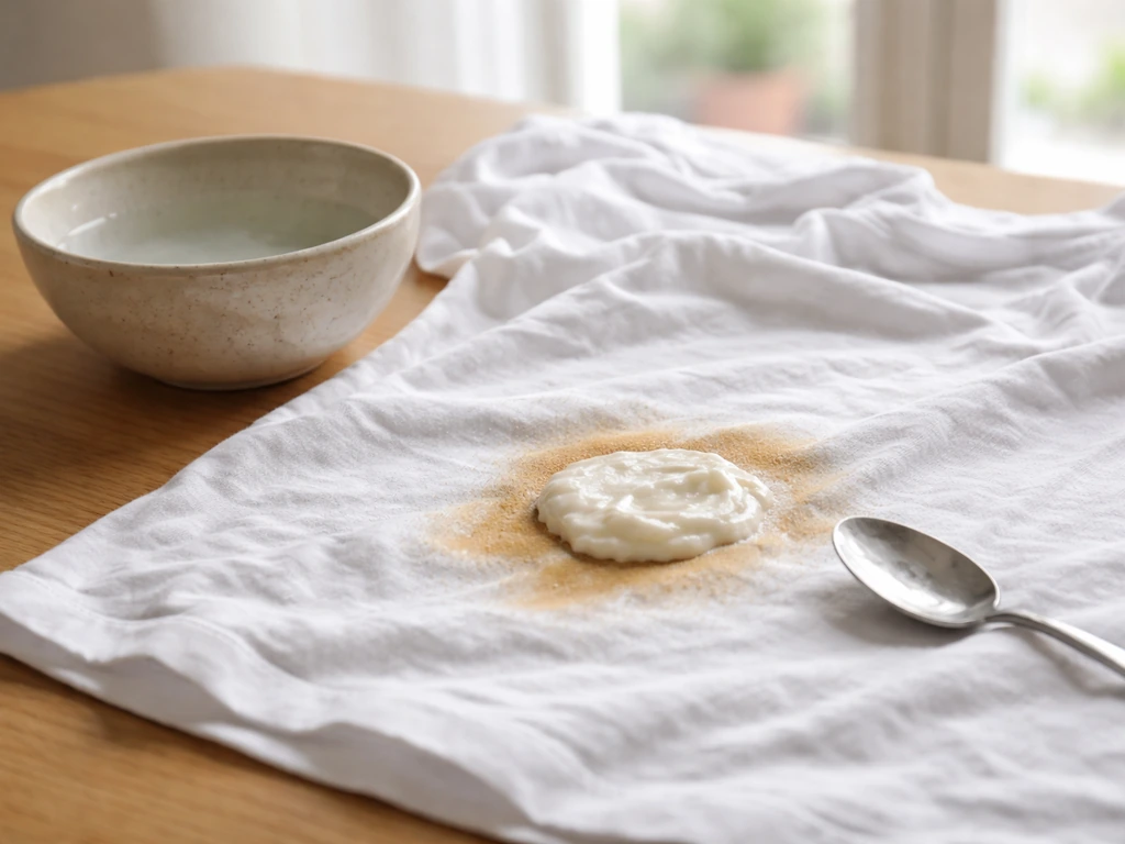 Vêtement blanc avec une tache, bol d’eau froide et pâte blanche de bicarbonate prête avant lavage.