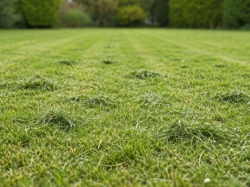 Brins d’herbe fraîchement tondue sur une pelouse, vue rapprochée au sol, sans personne.