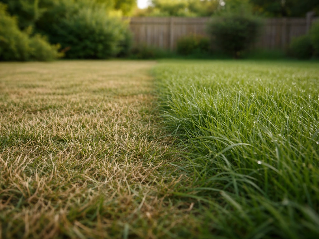 Pelouse divisée : herbe courte sèche d’un côté et herbe haute humide de l’autre, sans personne ni texte.