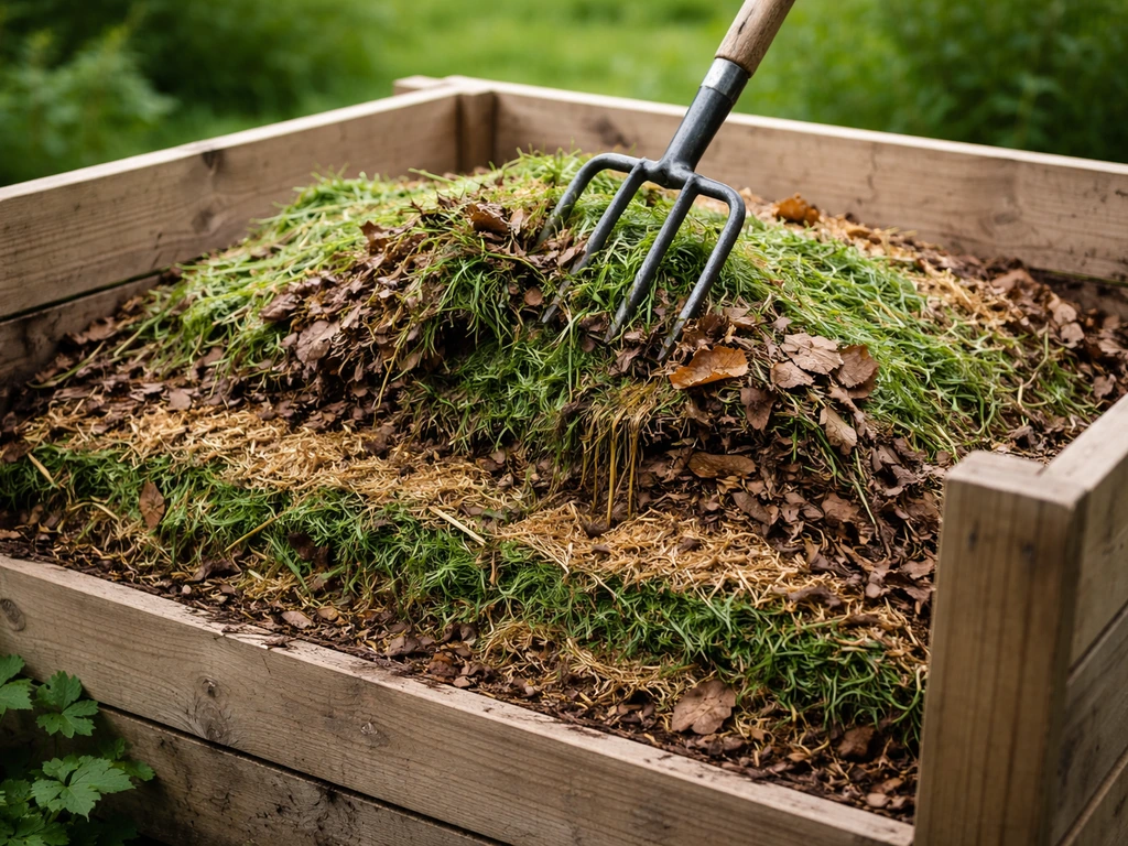 Composteur de jardin avec tontes vertes et feuilles brunes, mélange pour éviter les mauvaises odeurs.