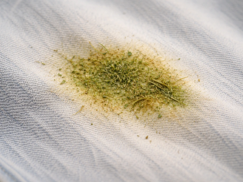Gros plan sur un textile clair taché d’herbe verte avec zones jaunies, lumière naturelle.