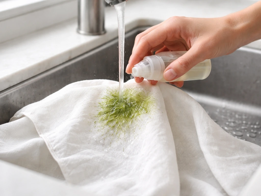 Linge blanc avec une tache d’herbe fraîche en cours de rinçage à l’eau froide et application de détachant.
