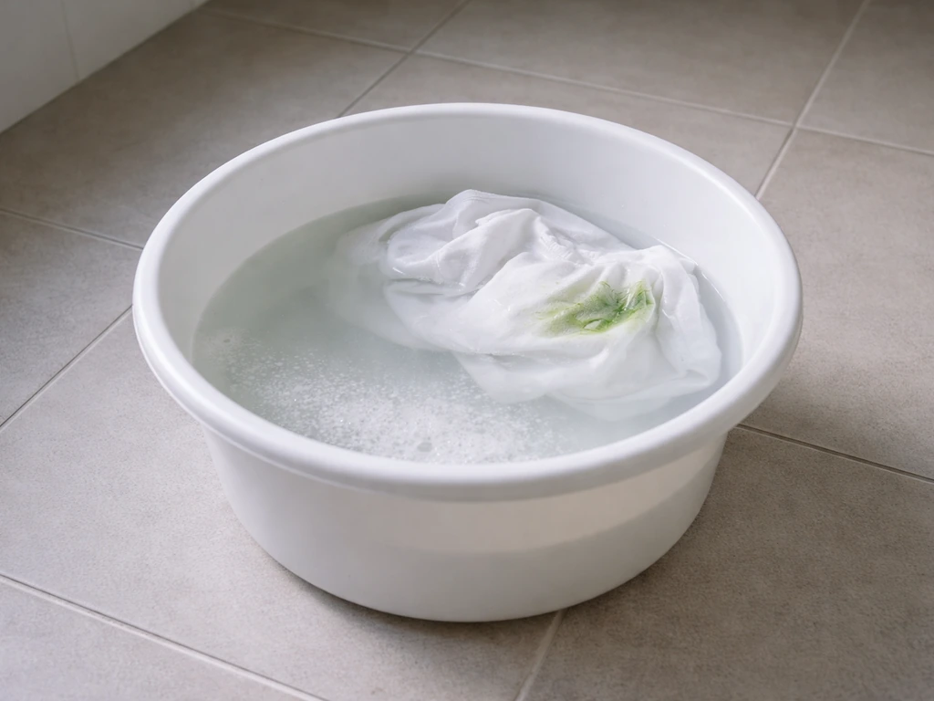 Bol d’eau tiède avec poudre blanche et linge blanc trempé, tache d’herbe visible