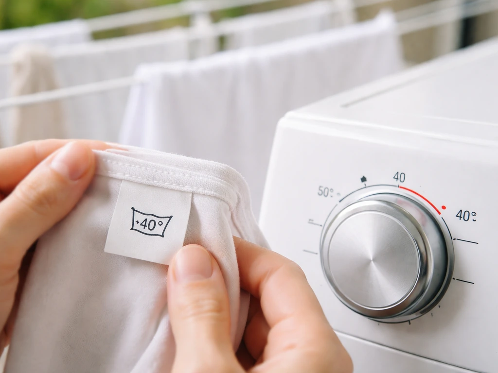 Étiquette textile et programmateur de lave-linge réglés sur 40 °C, avec linge blanc propre au séchage.