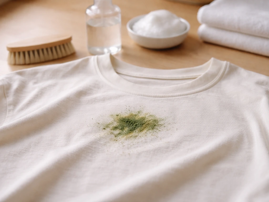 Gros plan d’un vêtement taché d’herbe et d’un kit de nettoyage autour, prêt à être traité