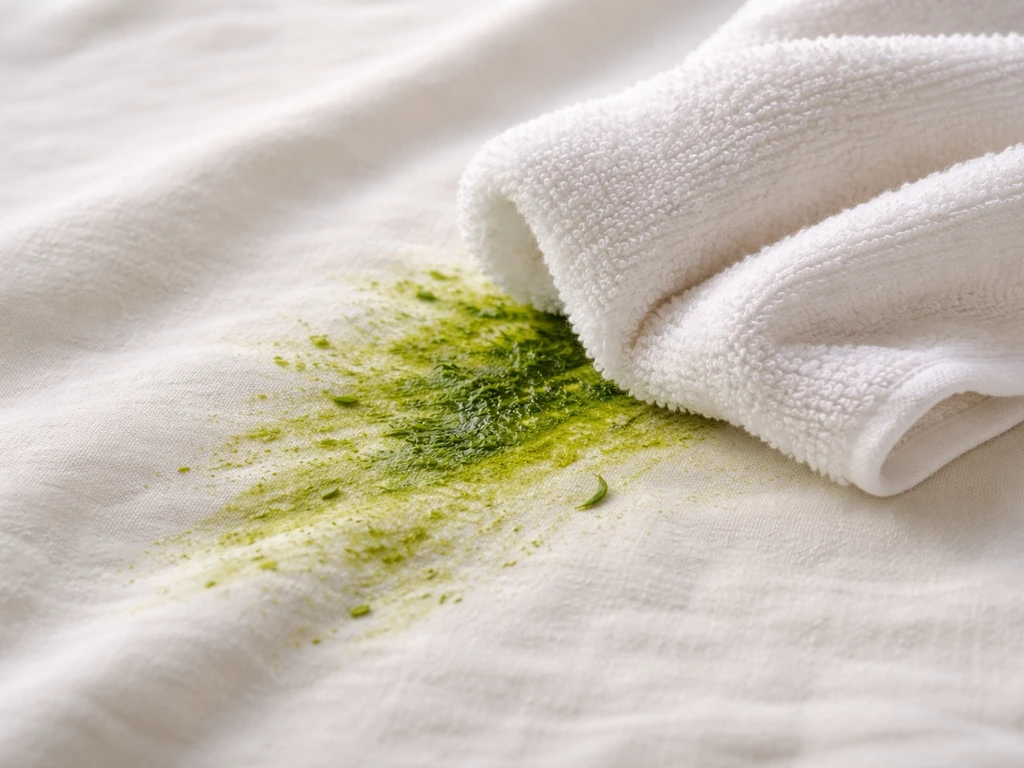 Linge propre qui tamponne délicatement une tache d’herbe fraîche sur un tissu clair