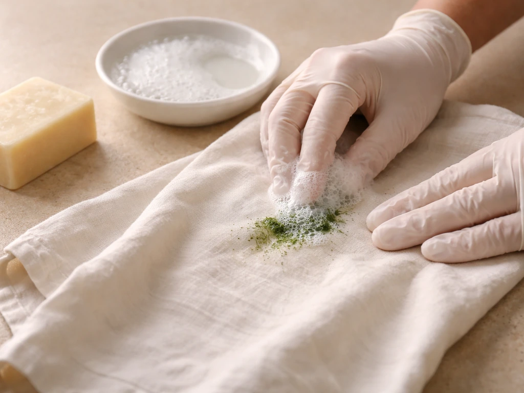 Mains anonymes frottant une tache d’herbe fraîche avec de la mousse de savon de Marseille sur tissu clair.
