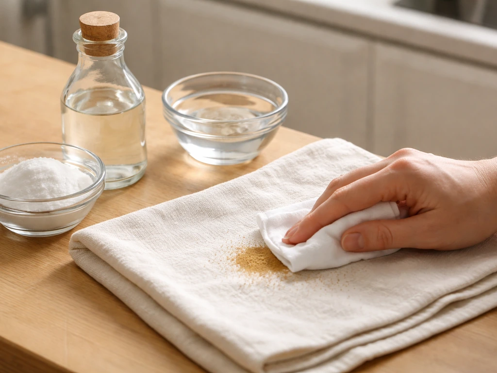 Serviette tachée tamponnée avec un linge propre, vinaigre blanc et bicarbonate de soude visibles à côté.