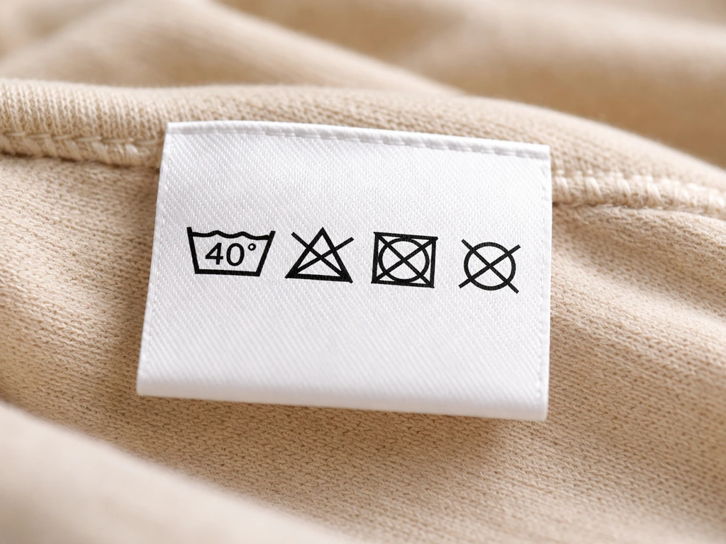 Étiquette d’entretien textile avec pictogrammes de lavage, température et précautions, gros plan net.
