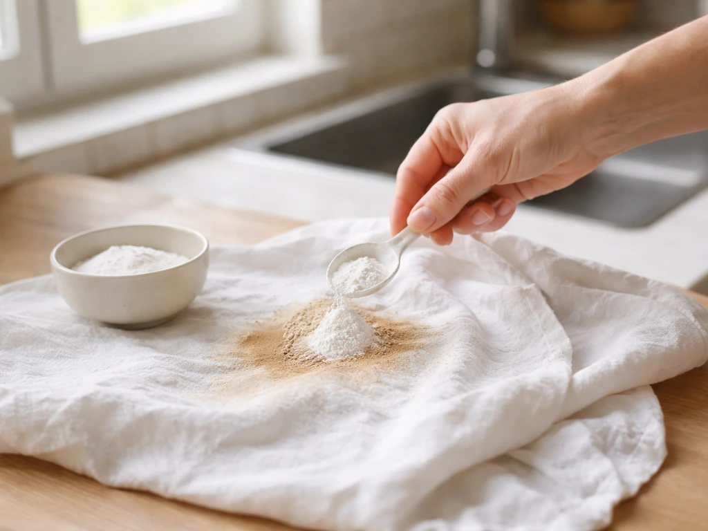 Main versant de la poudre de percarbonate sur un tissu taché près d’un évier, lumière naturelle.