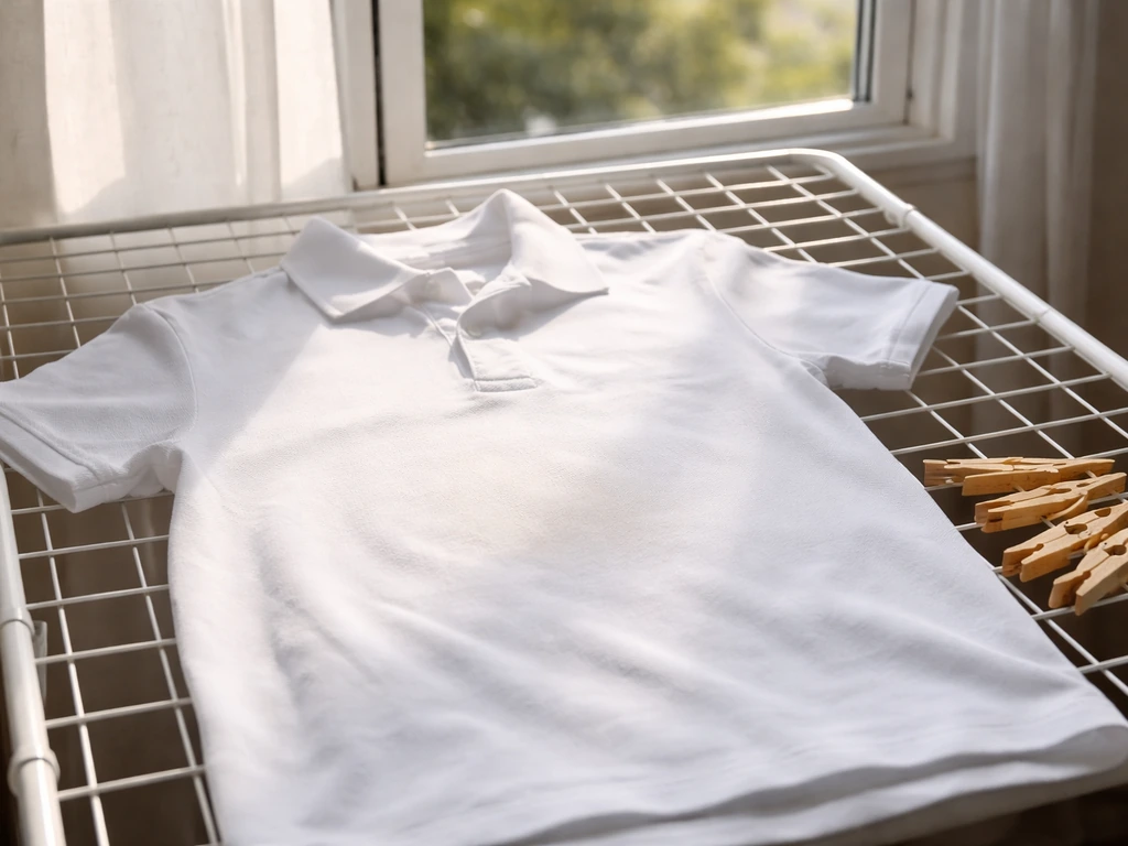 Vêtement blanc sur étendoir près d’une fenêtre, tache traitée presque invisible avant de chauffer.