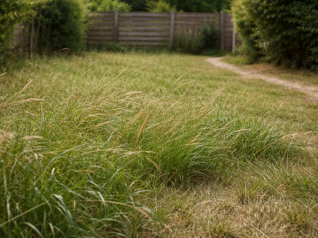 Gazon très haut et irrégulier dans un jardin, illustrant pourquoi une tondeuse peut forcer