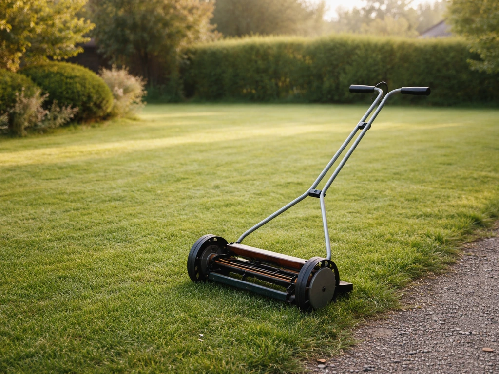 Jardin au petit matin, pelouse sèche après la rosée, tondeuse manuelle prête à démarrer