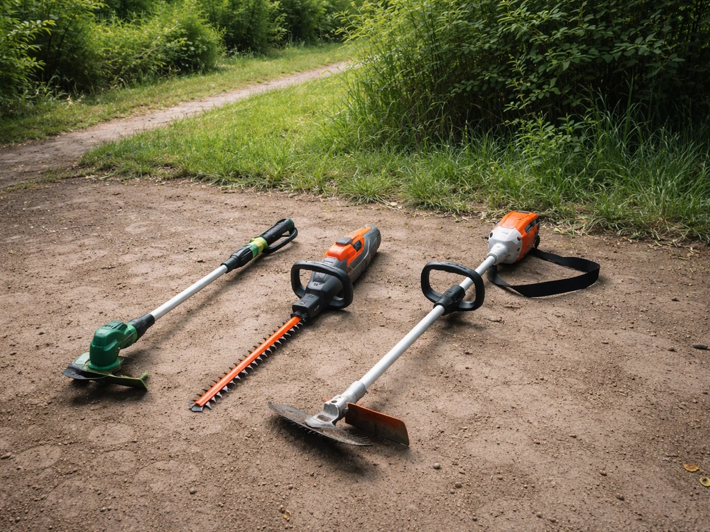 Coupe-bordure, taille-haie et débroussailleuse posés dans un jardin, avec herbe basse et végétation plus dense.