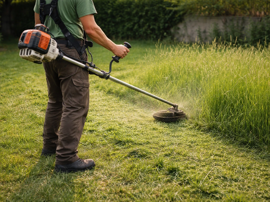 Jardinier utilisant une débroussailleuse sur une pelouse, première coupe du tiers supérieur puis ajustement de hauteur.