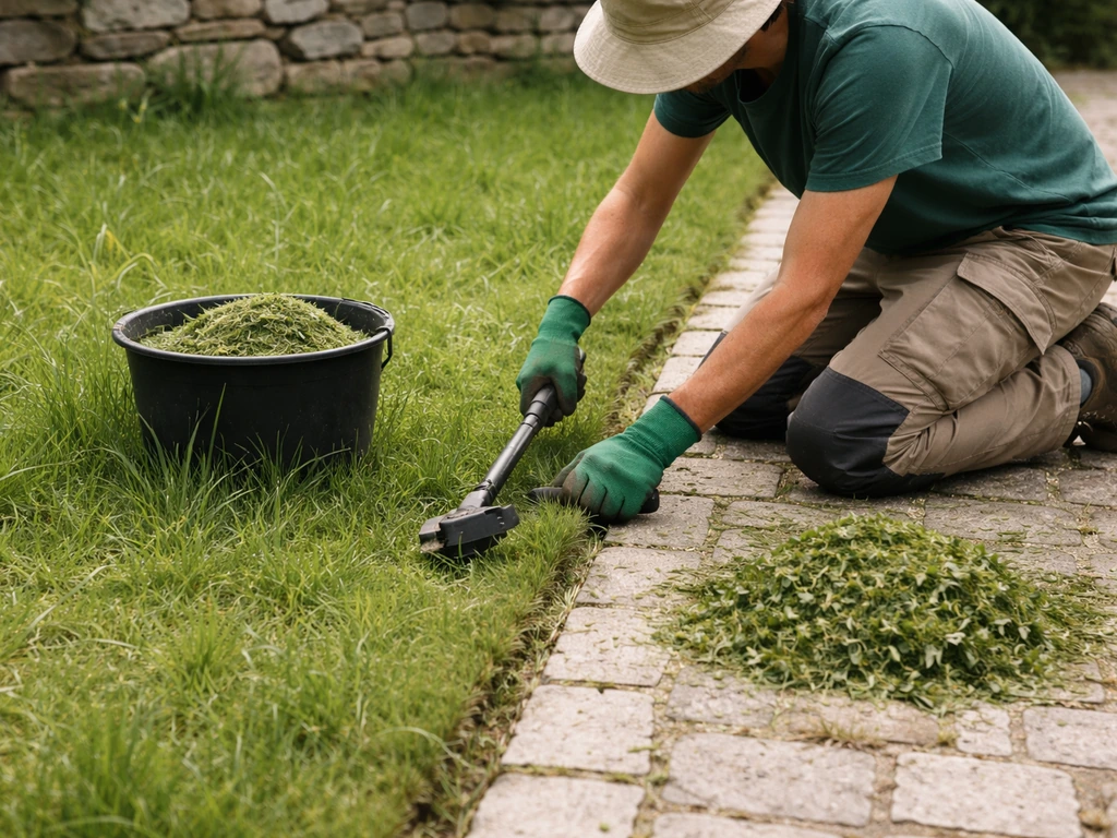 Personne portant un taille-herbe, bordures nettes et résidus d’herbe évacués sur un gazon haut.