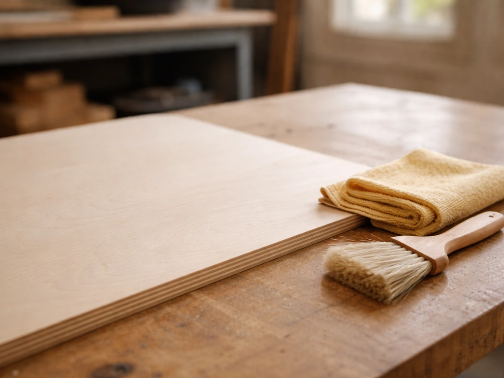 Surface de matériau propre et légèrement poncée, avec chiffon anti-poussière et brosse à côté.