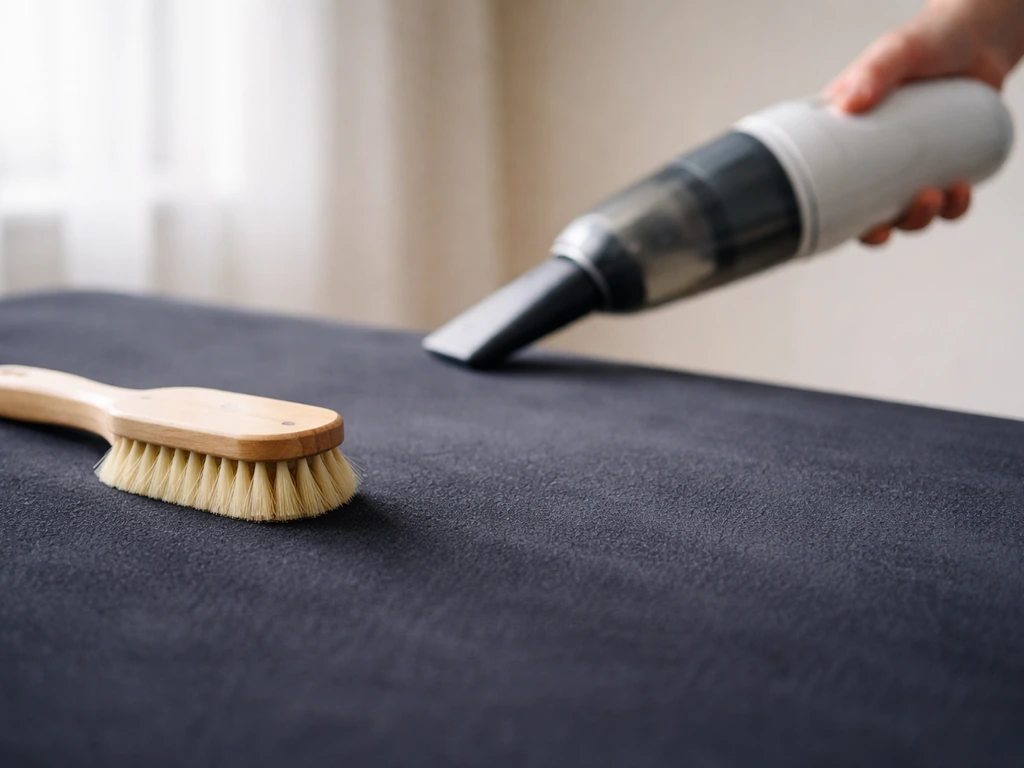 Brosse douce et aspirateur compact près d’une zone flocquée propre, montrant une bonne tenue après nettoyage.