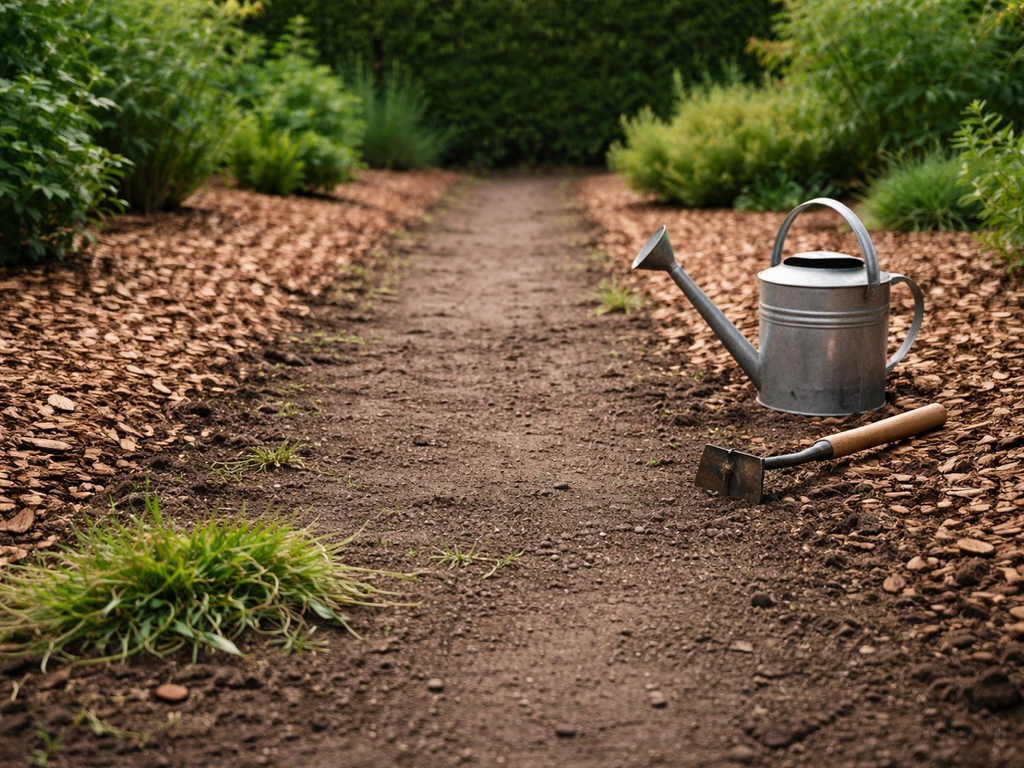 Jardin français au naturel, mauvaises herbes réduites par paillage épais et désherbage manuel, ambiance jardin.
