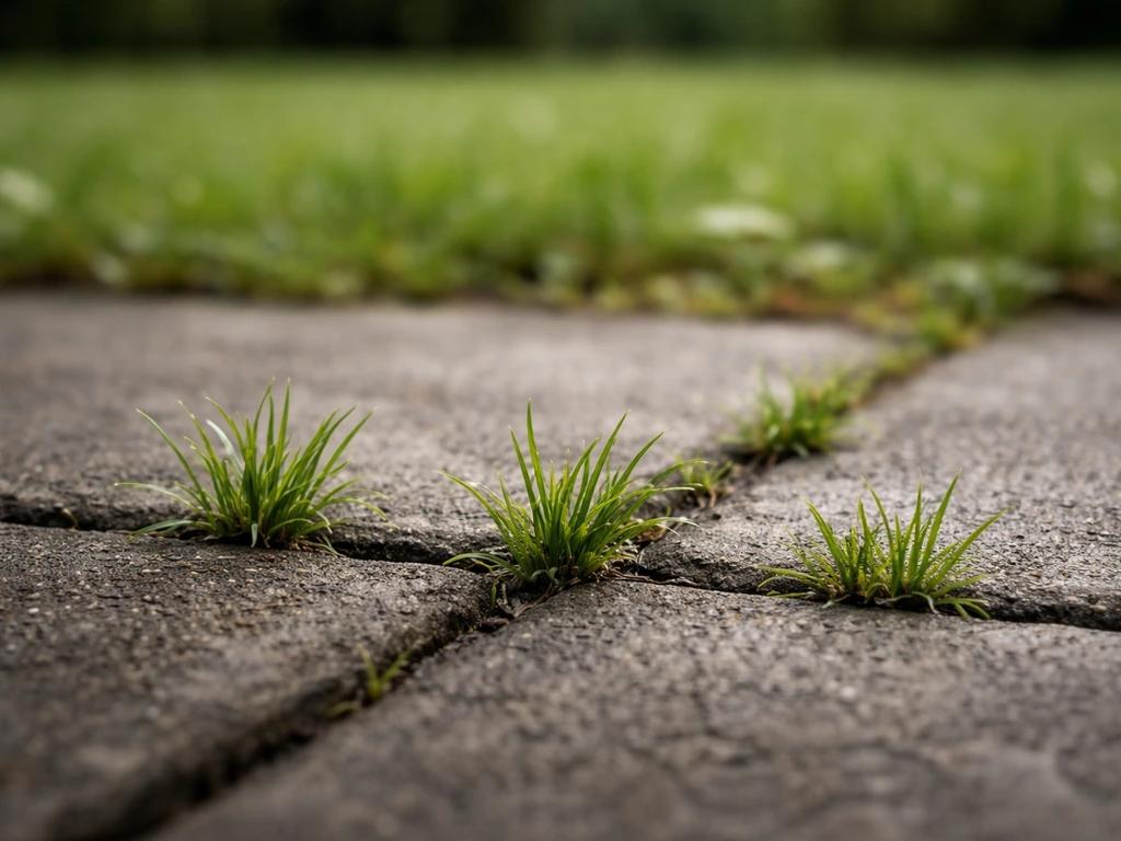 Brins d’herbe qui repoussent entre des dalles, illustrant la repousse rapide après arrachage.