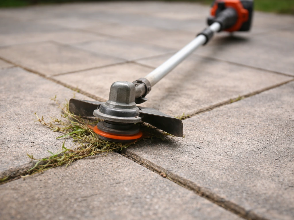 Tonte au coupe-bordures très près d’un joint de terrasse, mauvaises herbes en cours d’affaiblissement