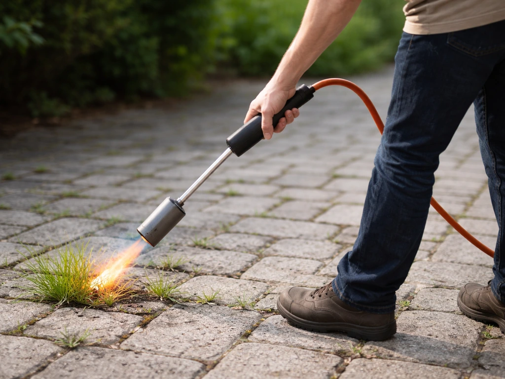 Désherbage thermique : chalumeau chauffant des herbes entre des dalles, posture et distance de travail visibles