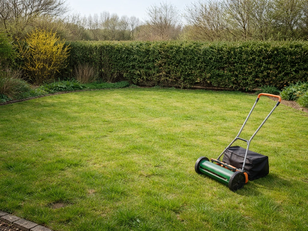 Jardin au début du printemps avec un gazon vert qui pousse et une tondeuse manuelle posée au sol