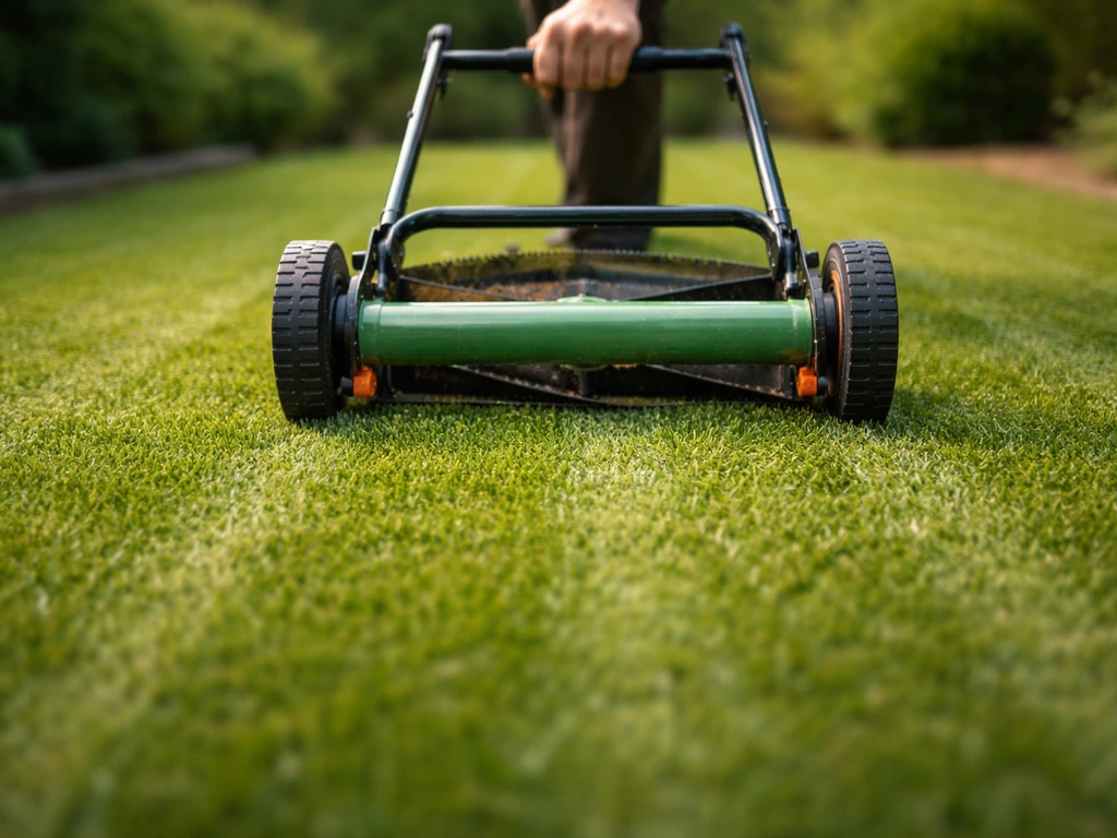 Main utilisant une tondeuse manuelle sur une pelouse sèche, coupe nette et hauteur régulière, jardin calme.