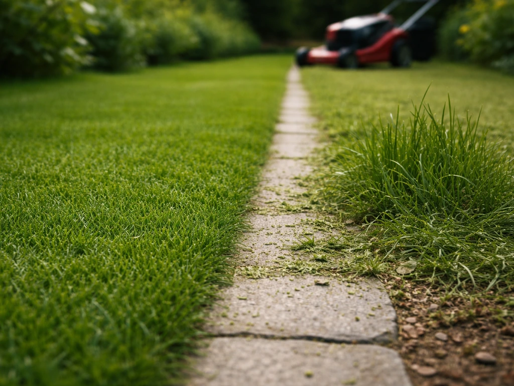 Bordure de pelouse le long d’une allée : herbe fraîchement coupée vs touffes négligées, sans personne visible.
