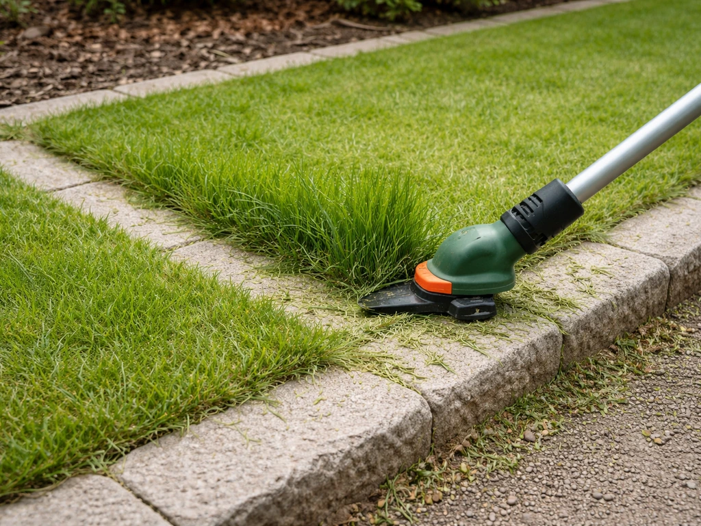 Coin de pelouse à 90° devant un coupe-bordures, herbe haute maîtrisée près de la bordure