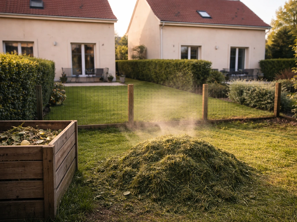 Jardins côte à côte en France, tas de tontes et compost au premier plan, léger voile d’air suggérant une odeur.