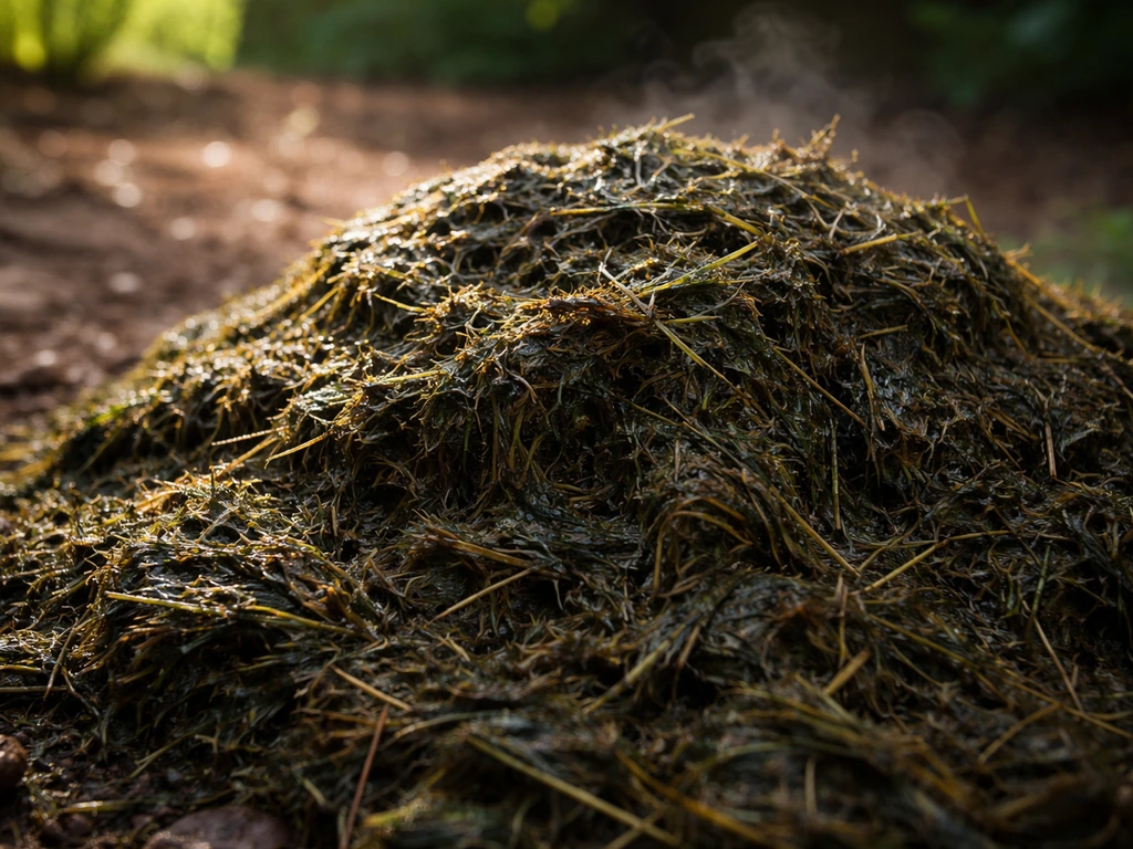 Gros plan d’un tas d’herbe/compost humide et compact, en fermentation, texture sombre et bruin verdâtre.