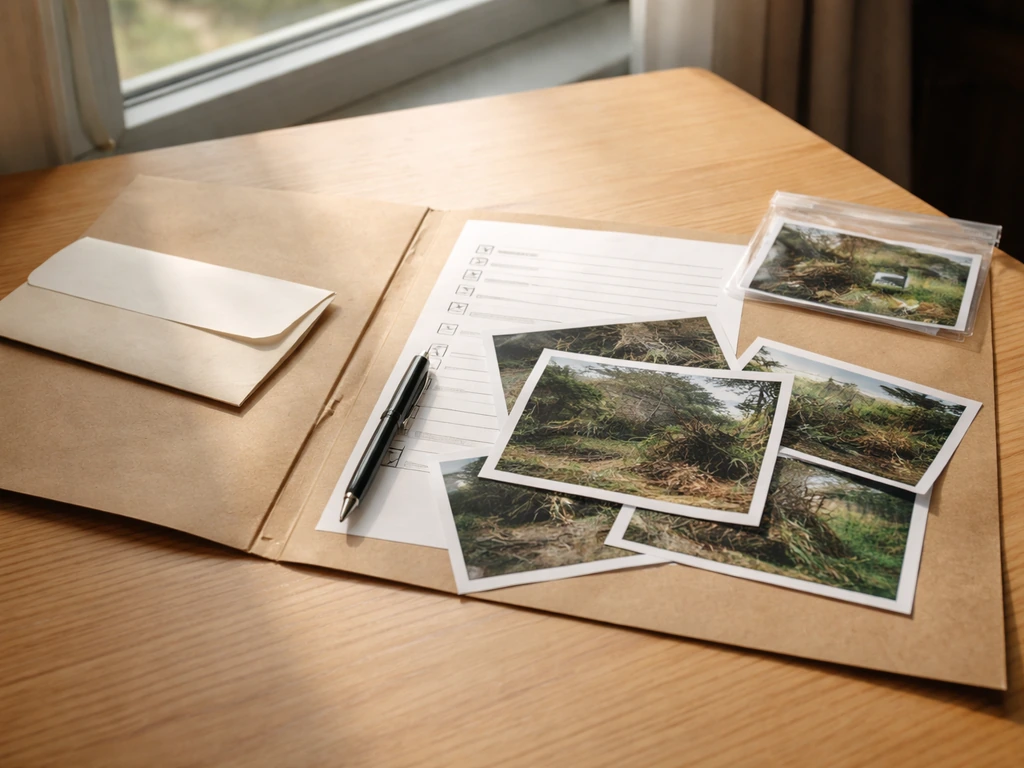 Dossier de preuves avec photos datées, lettre de signalement prête à déposer et enveloppe, table sobre en intérieur.