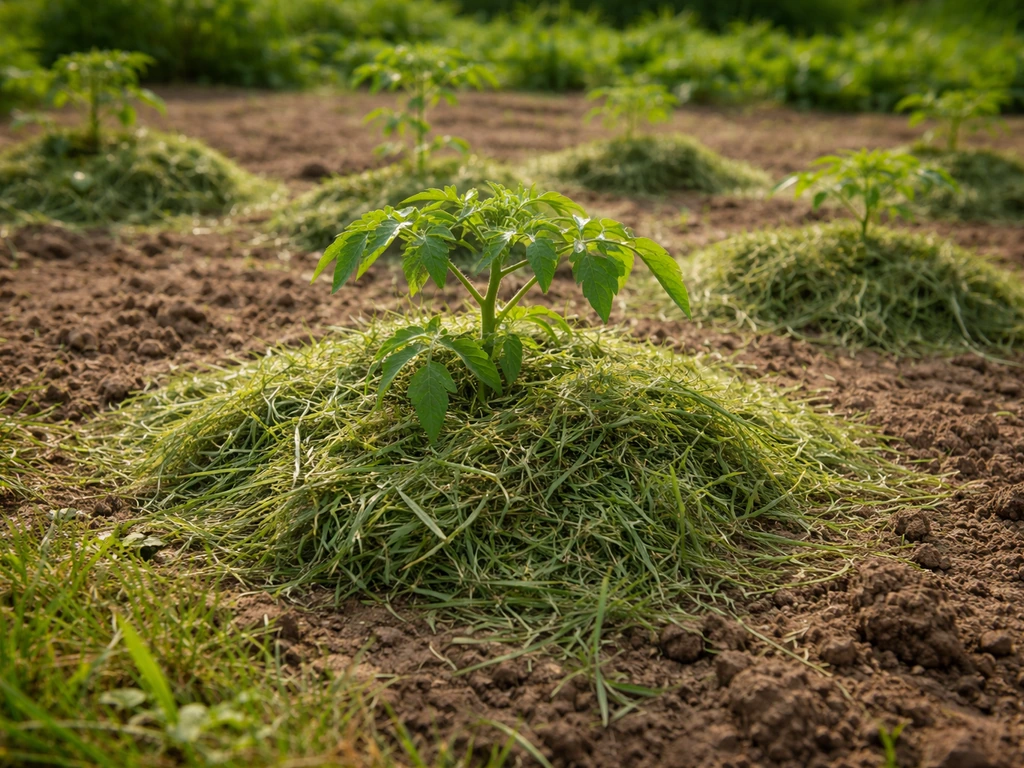 Paillis d’herbe tondue déposé au pied de jeunes plants de tomates, dans un potager au soleil.