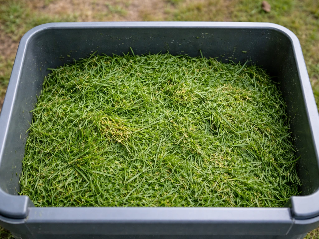 Vue de dessus d’un bac de tonte rempli d’herbe fraîchement coupée, avec traces d’humidité.