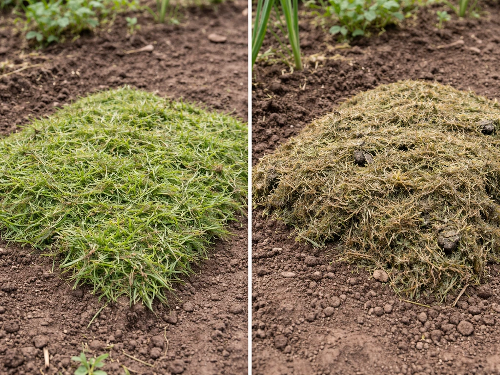 Potager avec deux carrés de paillage : 1–2 cm correctement et un paillage trop épais à éviter.