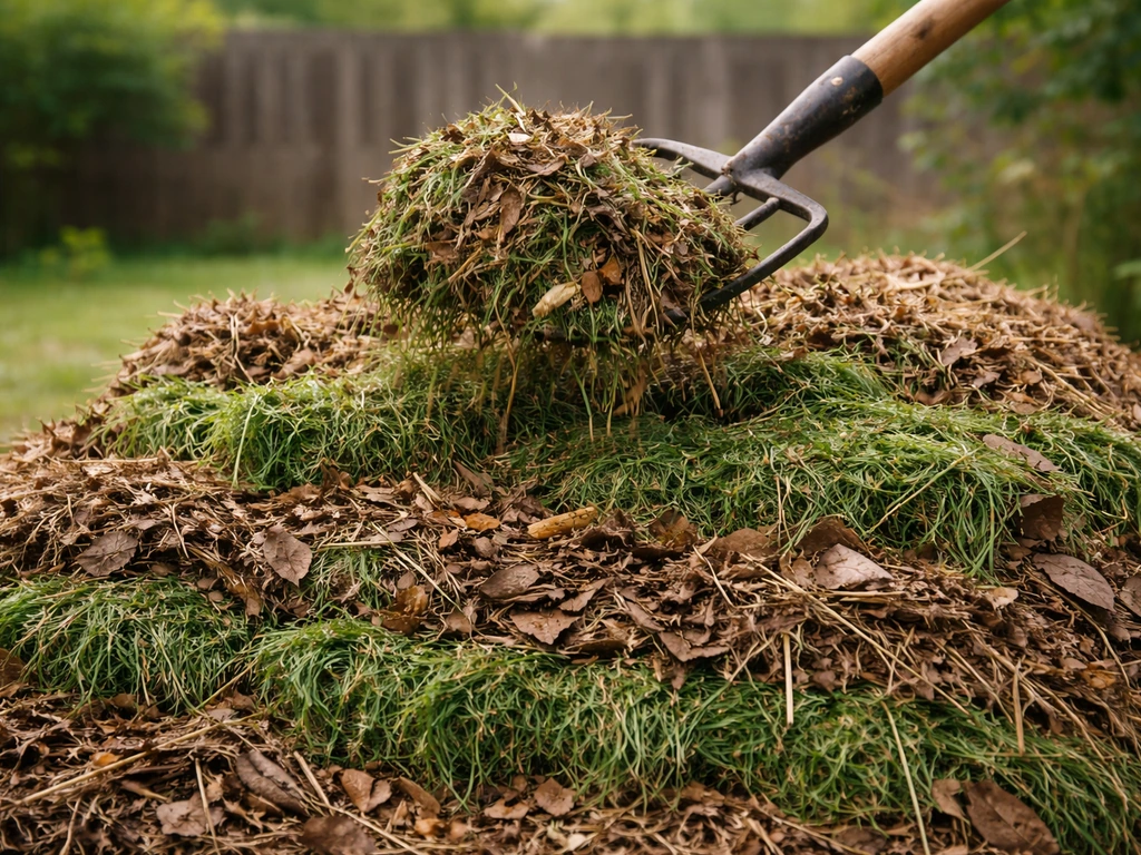 Tas de compost avec couches alternées de tontes et matières carbonées, retourné à la fourche.