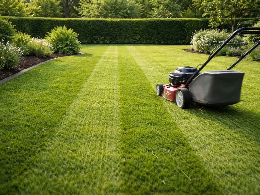 Jardin en France en pleine tonte : pelouse fraîchement coupée avec lignes nettes et tondeuse en mouvement.