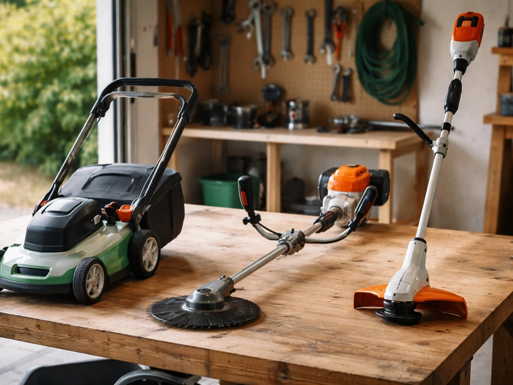 Tondeuse, débroussailleuse et coupe-bordures sur un établi de garage, prêtes pour chaque zone du jardin.