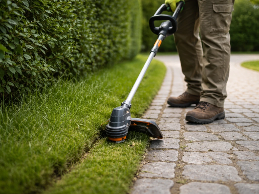 Un jardinier coupe net une bordure de pelouse près d’une haie, avec un coupe-bordures en action.