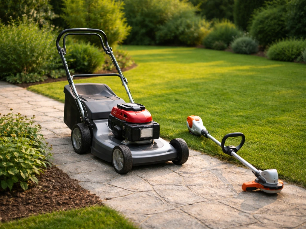 Tondeuse et coupe-bordures posés sur une allée, dans un jardin français, pour illustrer le choix d’un outil pour couper