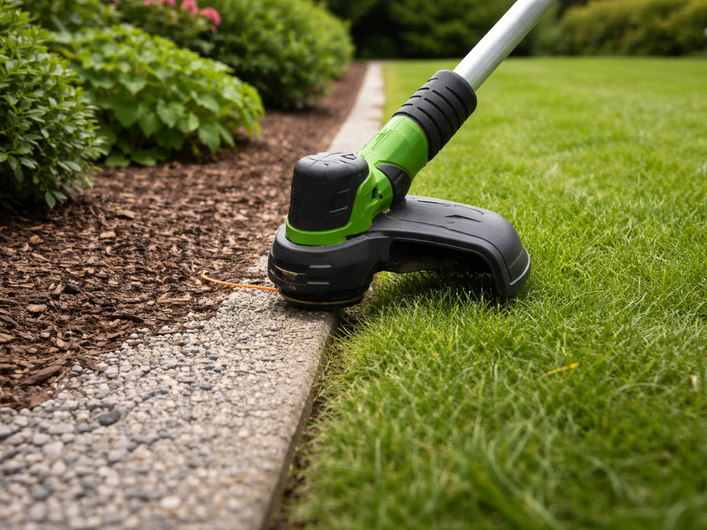 Carter et tête d’un coupe-bordures à fil nylon coupant la bordure d’une allée, finition nette au jardin.