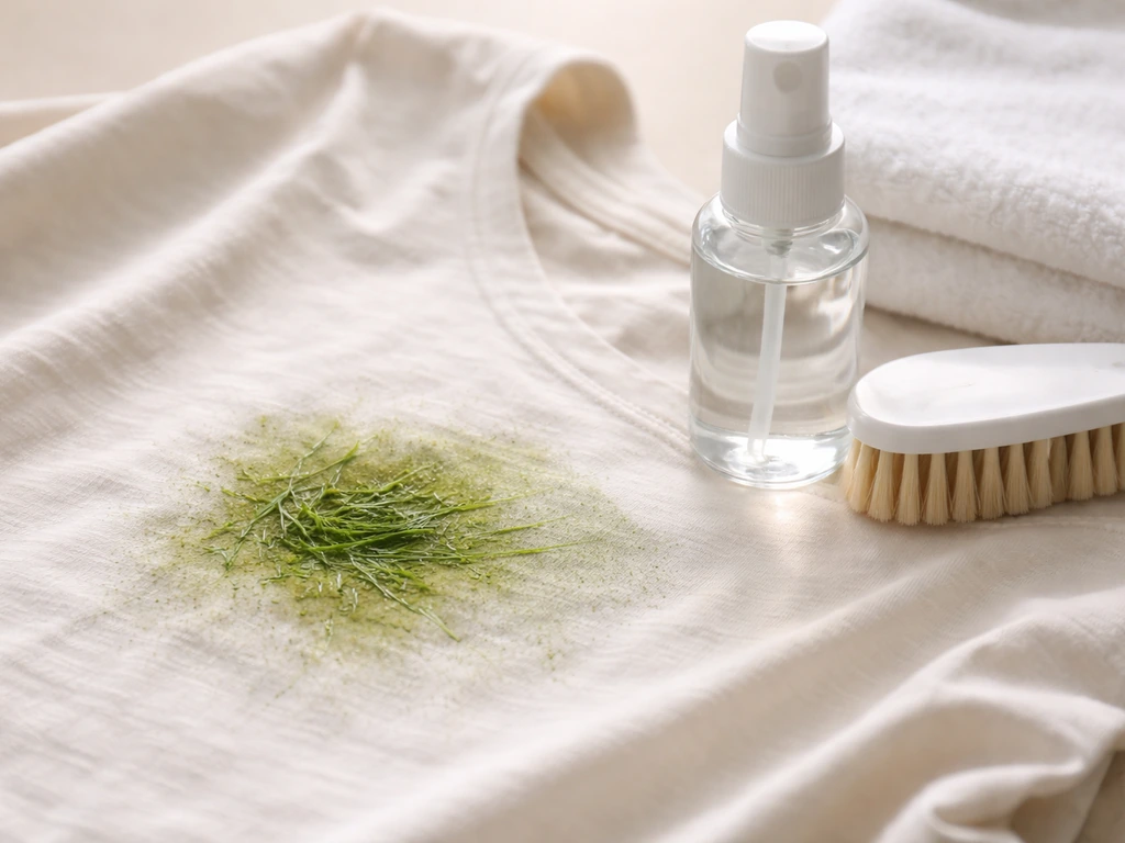 Gros plan d’une tache d’herbe sur un vêtement clair avec détachant et brosse pour pré-traitement.