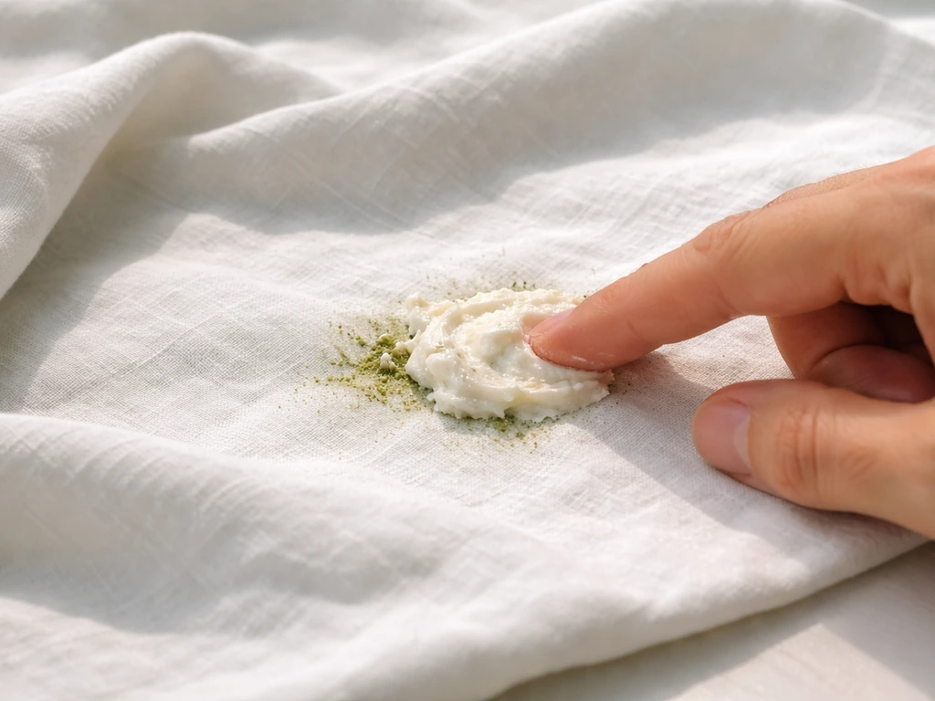 Gros plan sur une tache d’herbe dans un coton blanc, recouverte d’une pâte de percarbonate visible.