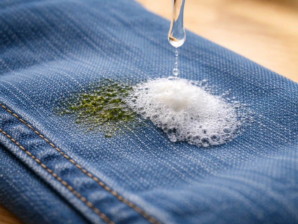Gros plan d’une tache d’herbe sur un jean coloré, avec vinaigre blanc et bicarbonate en mousse.